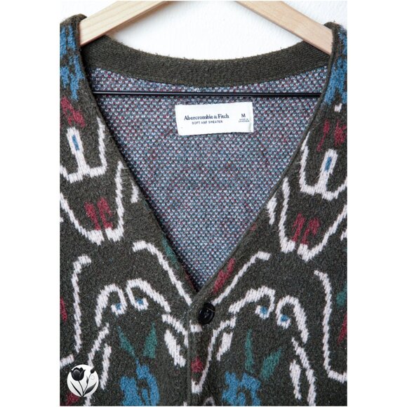 Abercrombie & Fitch Soft Sweater Cardigan M Green Floral Pattern Button Up - Picture 2 of 9